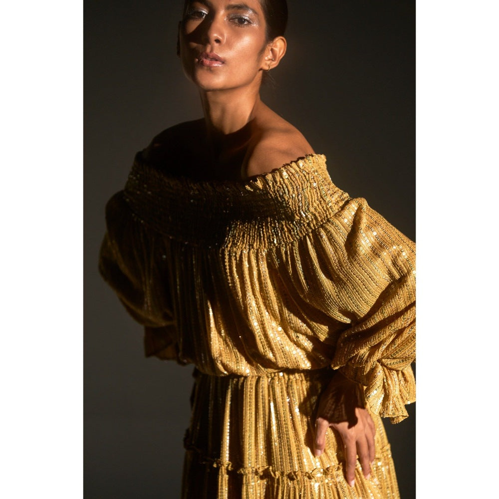 KANGANA TREHAN Gold Off-Shoulder Sequinned Dress