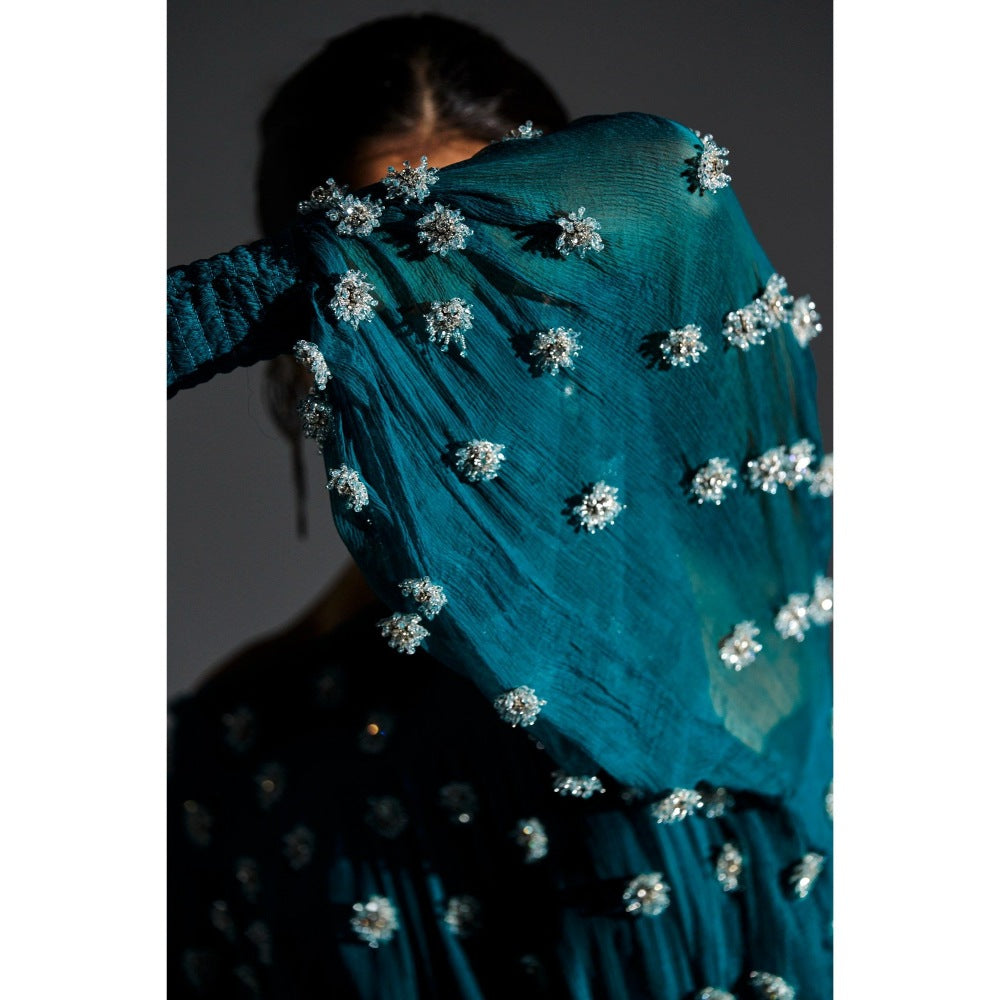 KANGANA TREHAN Teal Ruched Sleeves Dress with Swarovski Crystals