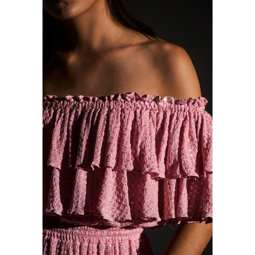 KANGANA TREHAN Pink Off-Shoulder Sequinned Ruffle Dress