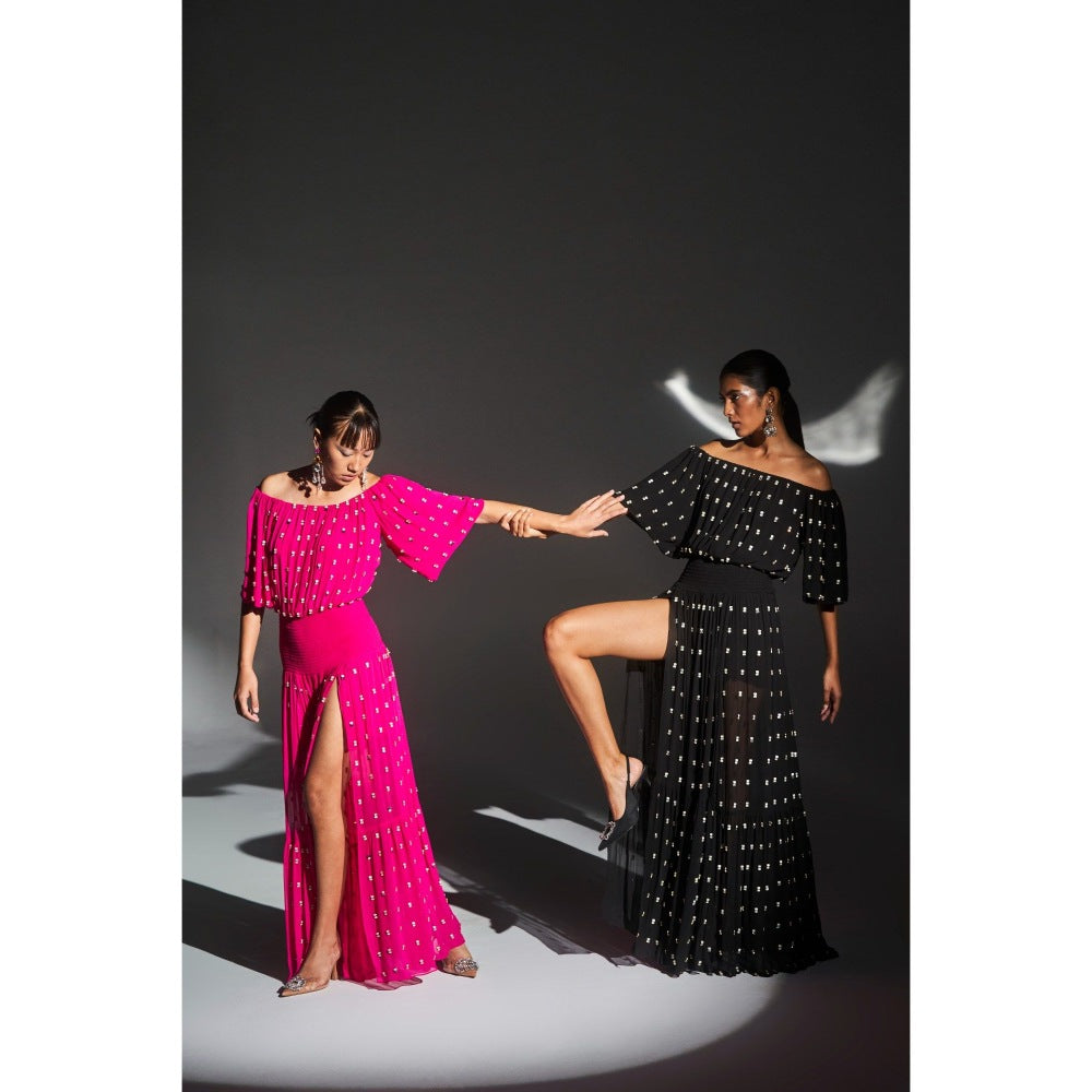 KANGANA TREHAN Hot Pink Off Shoulder Maxi Dress with Slits