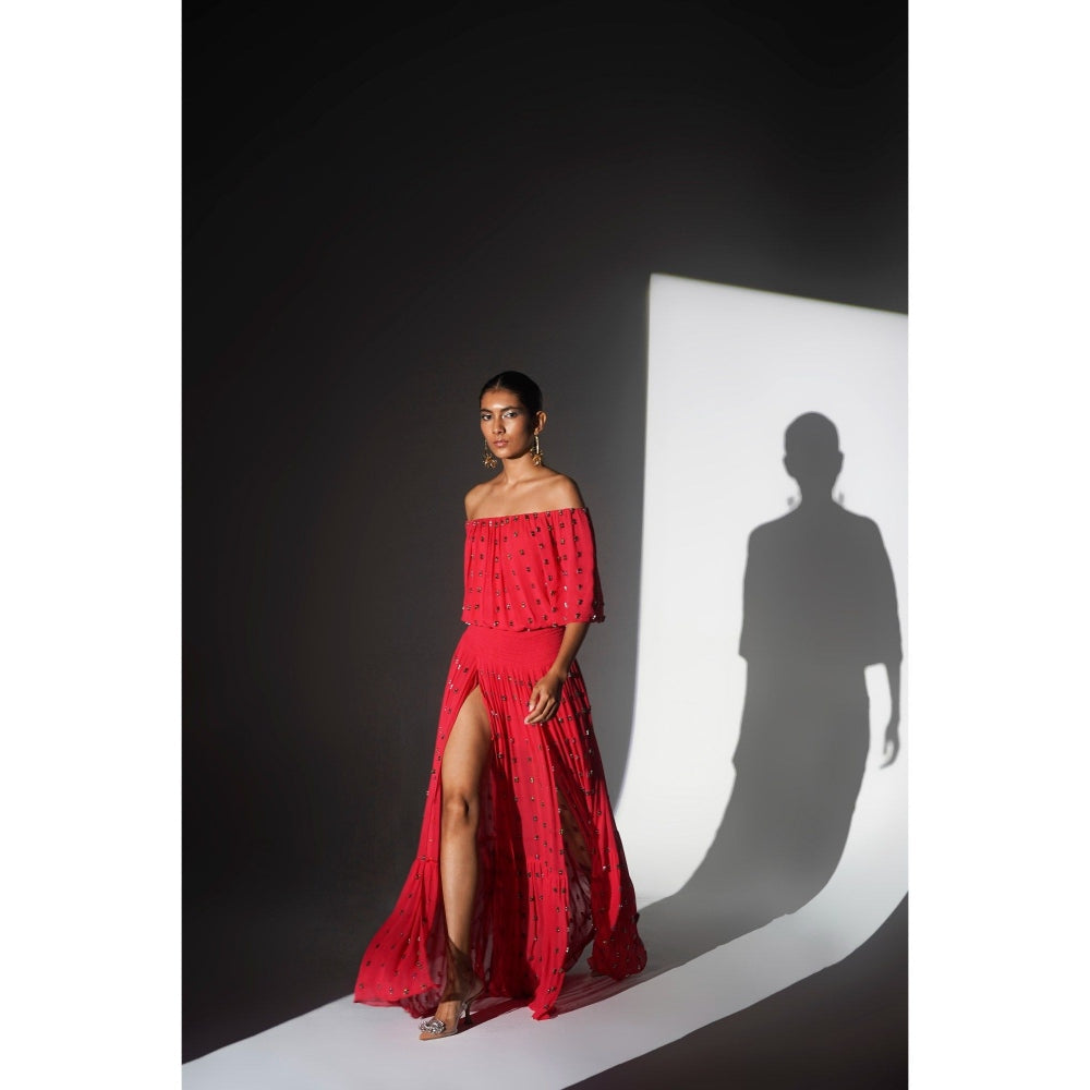 KANGANA TREHAN Red Off Shoulder Maxi Dress with Slits