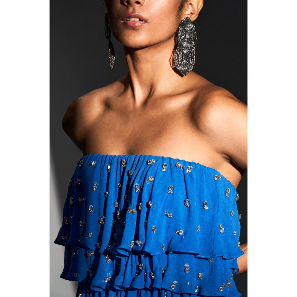 KANGANA TREHAN Blue Midi Tube Dress with Gold Embellishments