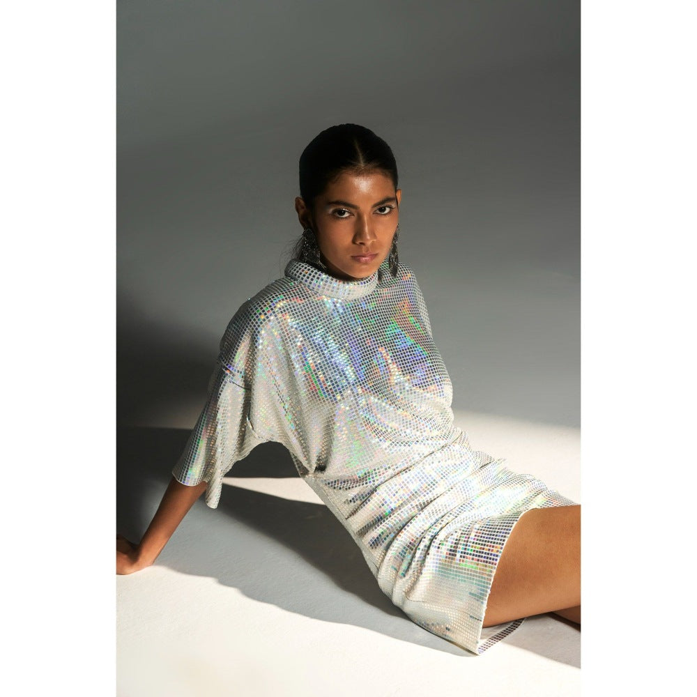 KANGANA TREHAN Silver Metallic Jersey Rainbow Dress