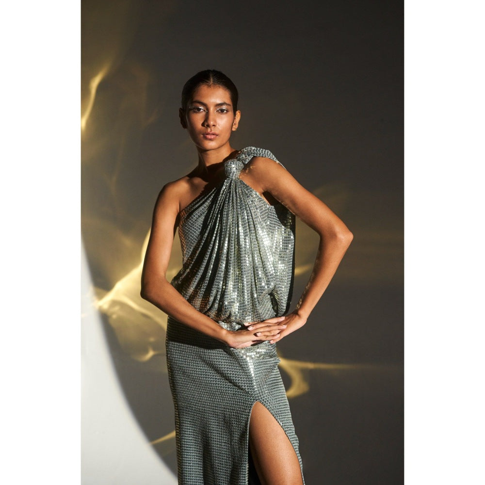 KANGANA TREHAN Silver One Shoulder Knotted Sequinned Midi Dress