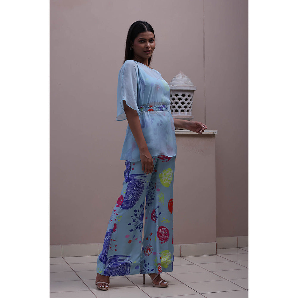 GAGAN VOHRA Carnation Coral Cape with Bustier and Pant - Blue