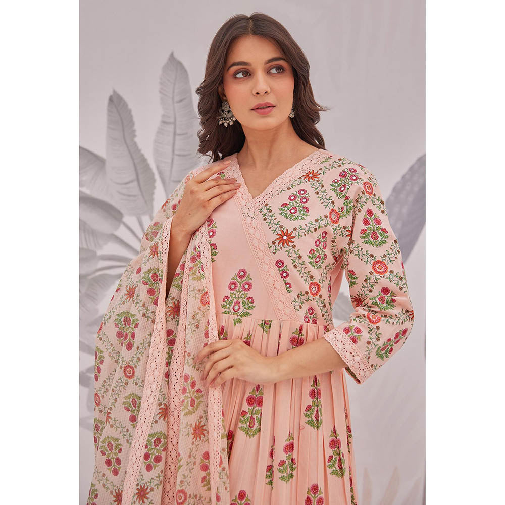 GANGA GRACE Peach Floral Printed Cotton Anarkali with Pant and Dupatta