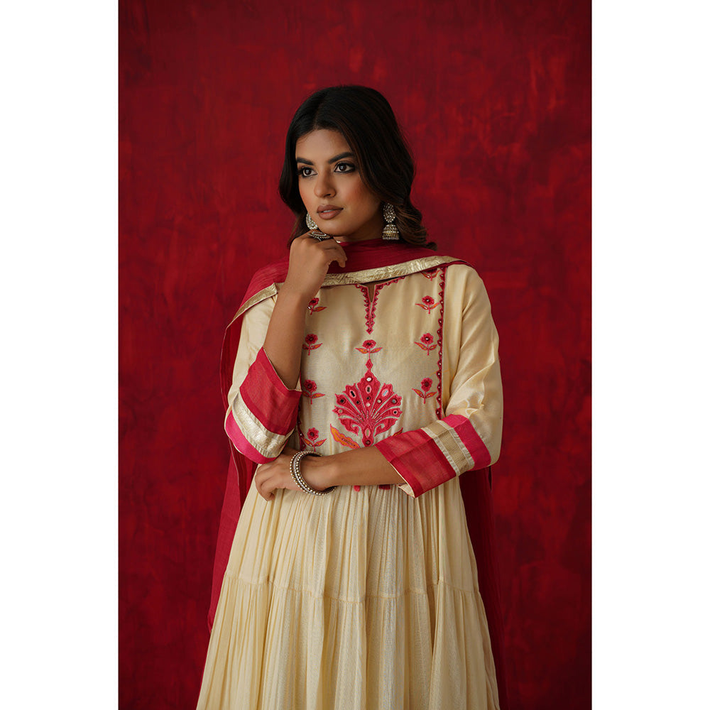 GANGA GRACE Women Cotton Embroidered Cream Anarkali Kurta with Palazzo and Dupatta