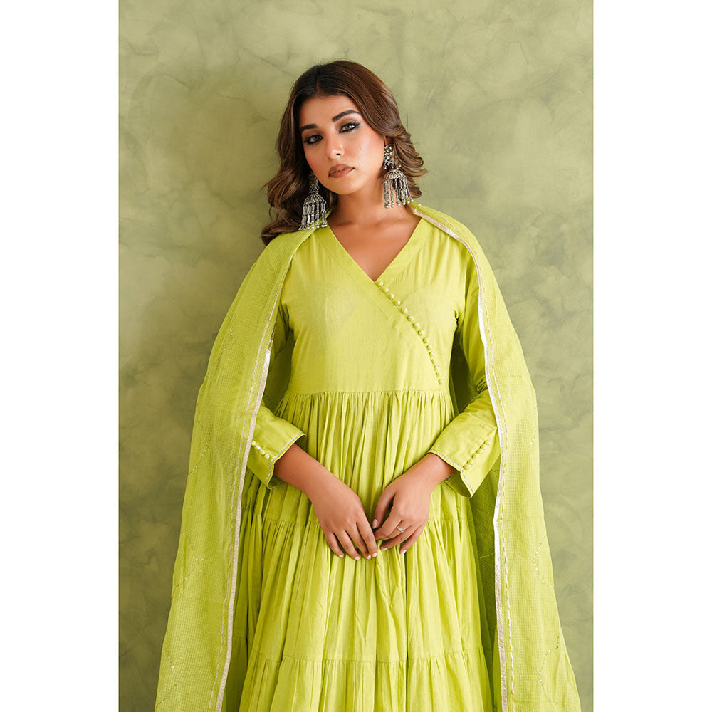 GANGA GRACE Women Cotton Solid Green Angrakha Kurta with Pant and Dupatta