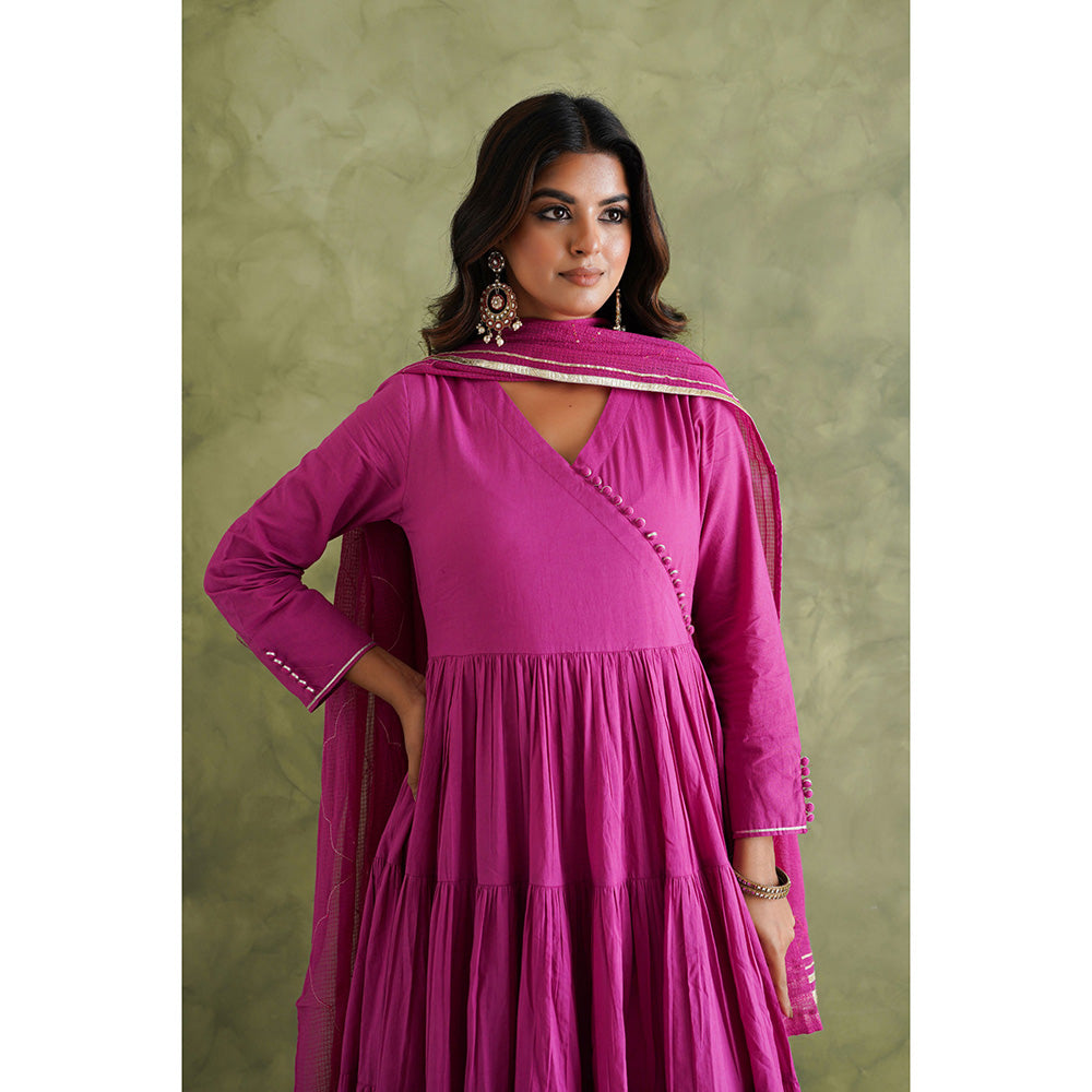 GANGA GRACE Women Cotton Solid Purple Angrakha Kurta with Pant and Dupatta