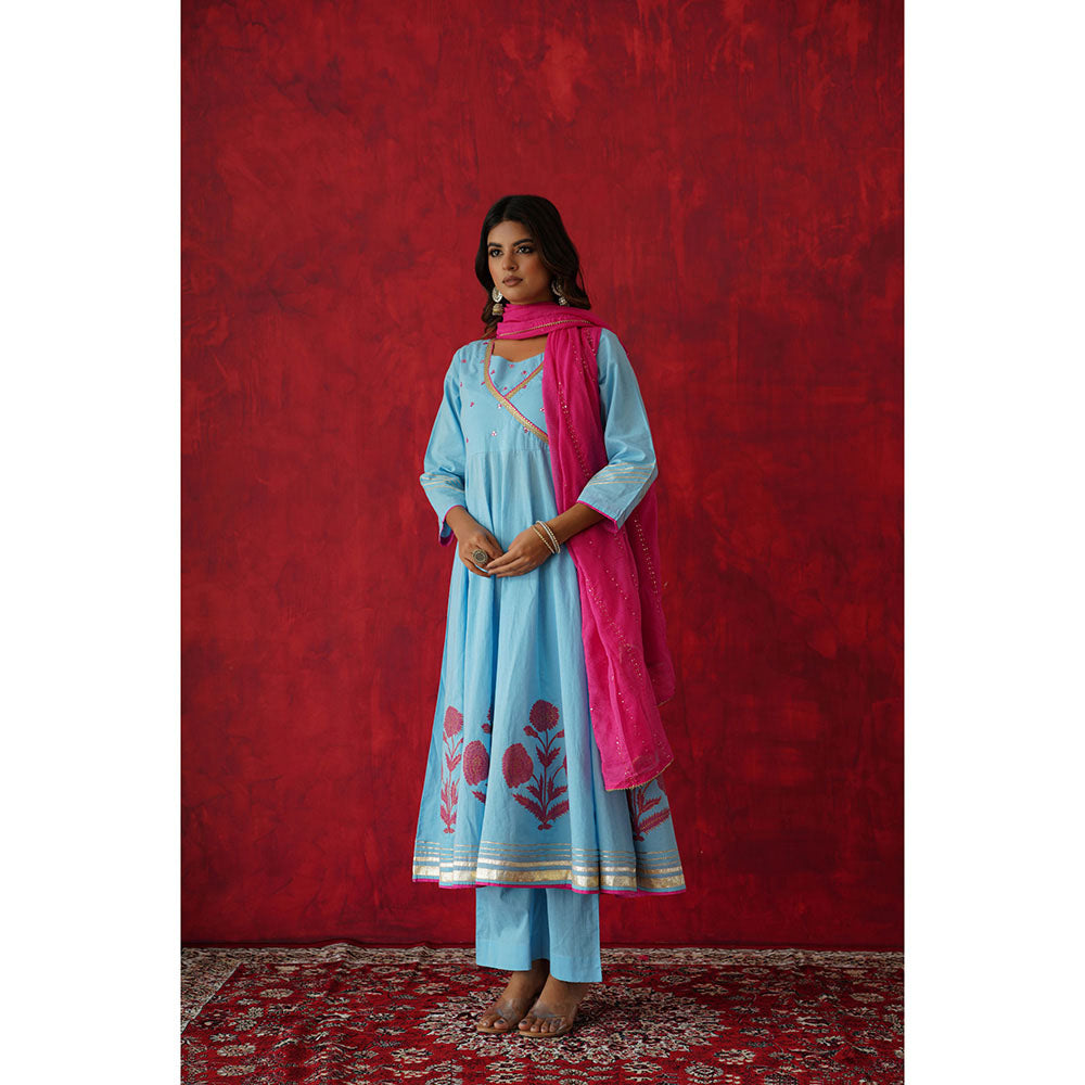 GANGA GRACE Women Cotton Embroidered Blue Angrakha Kurta with Pant and Dupatta