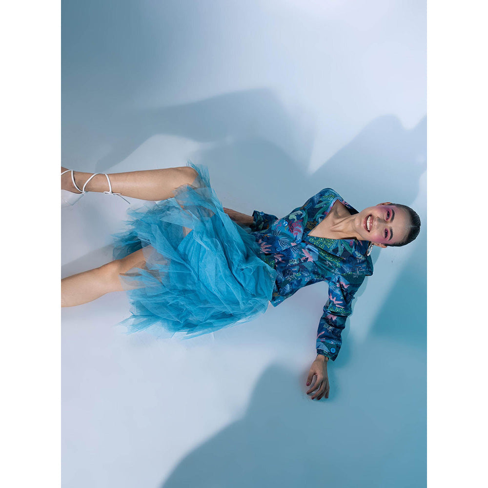 Gazab By Miku Kumar Blue Poetic Pantheon Paris Skirt with Short Blazer (Set of 2)