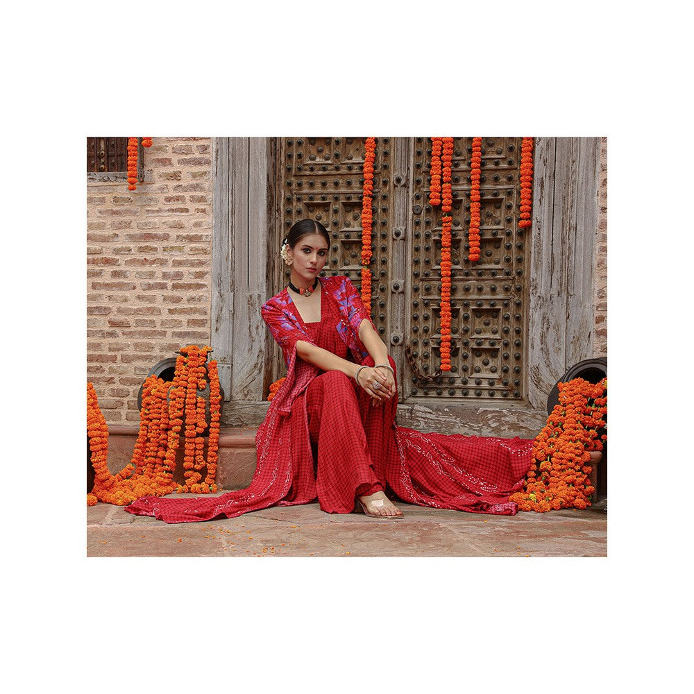 Gazab By Miku Kumar Red Elsa Drape Palazzo with Cape and Blouse (Set of 3)