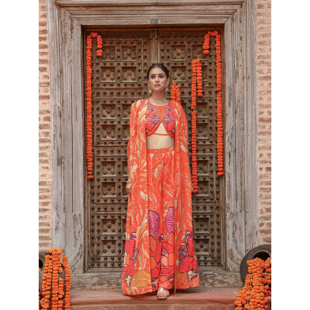 Gazab By Miku Kumar Orange Keya Palazzo with Cape and Blouse (Set of 3)