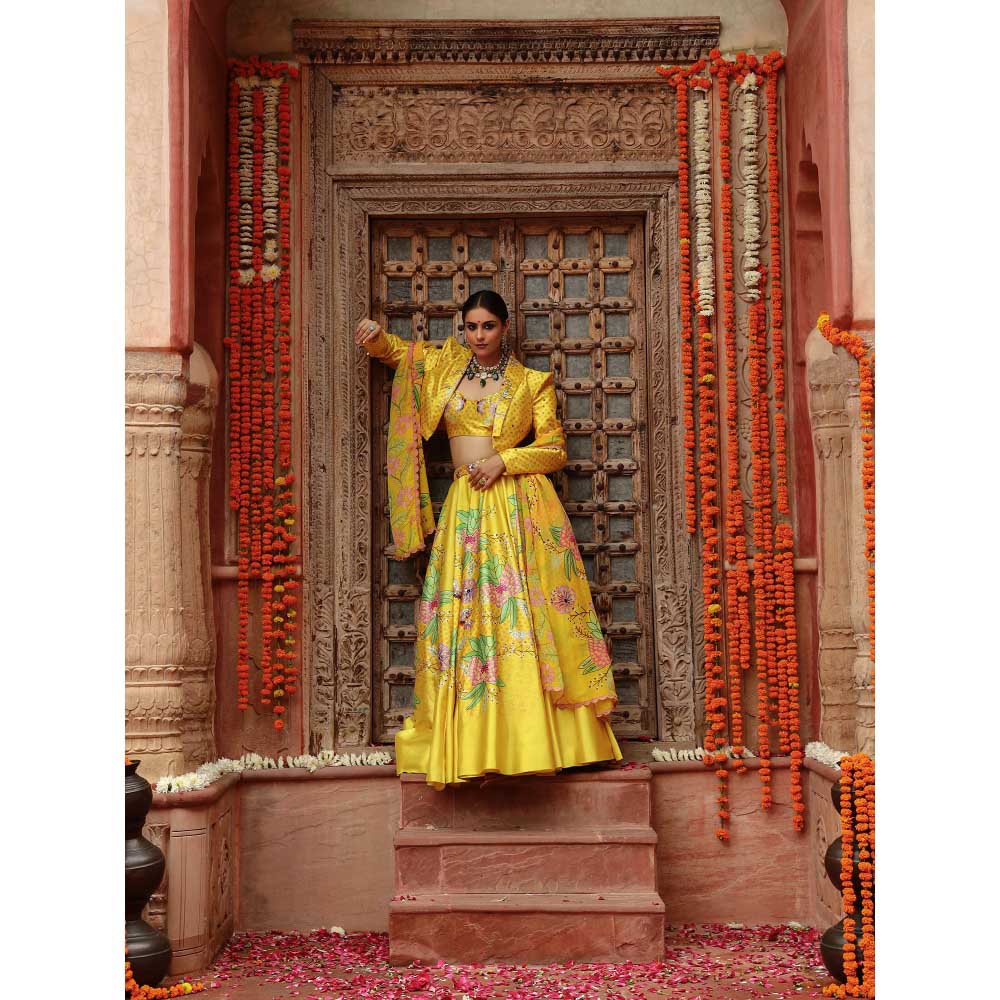 Gazab By Miku Kumar Yellow Roma Jacket with Lehenga, Blouse and Dupatta (Set of 4)