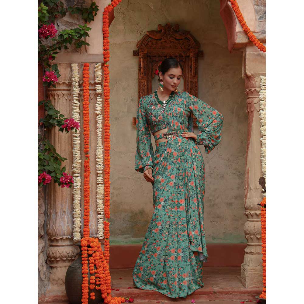 Gazab By Miku Kumar Green Magnolia Saree with Stitched Blouse and Belt