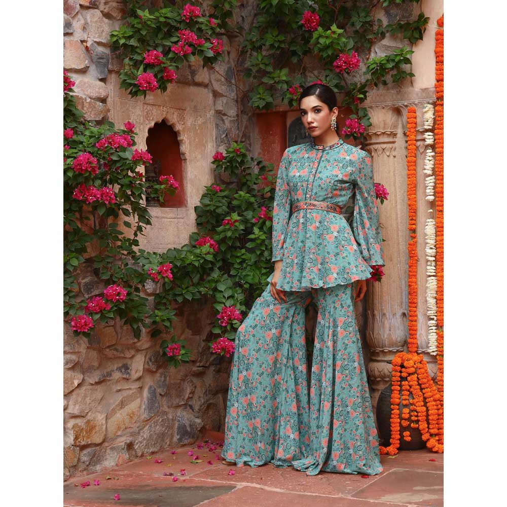 Gazab By Miku Kumar Green Peony Sharara with Top and Belt (Set of 3)