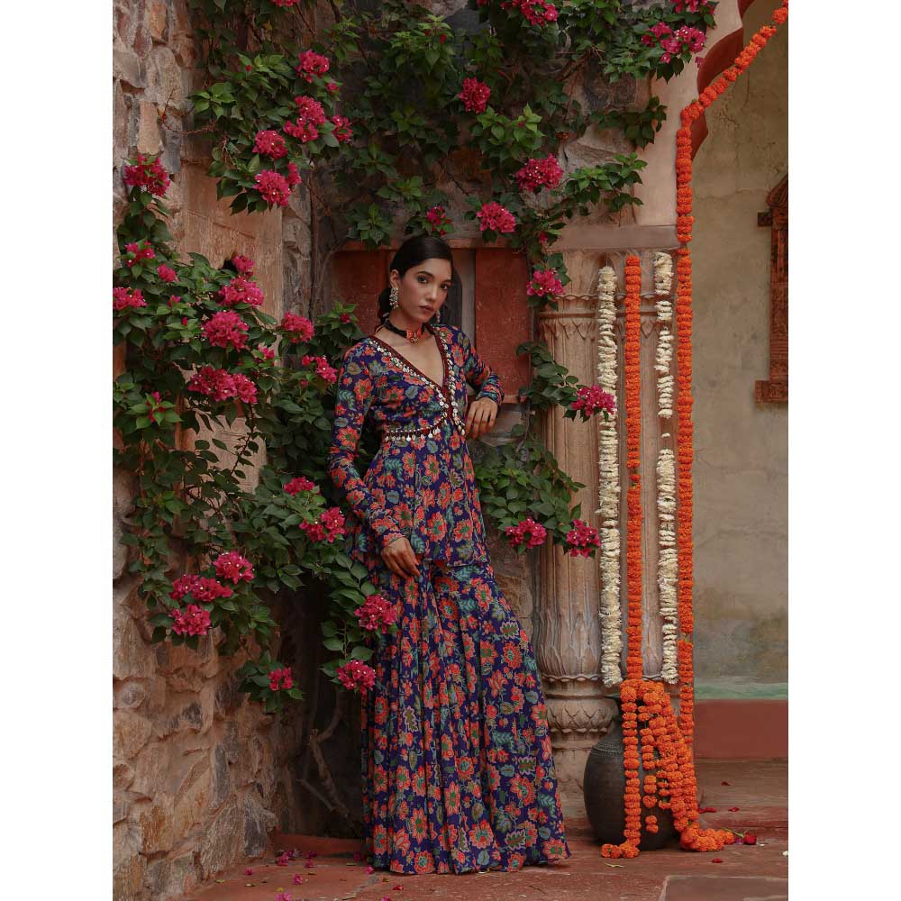 Gazab By Miku Kumar Blue Hyacinth Peplum Top with Sharara (Set of 2)