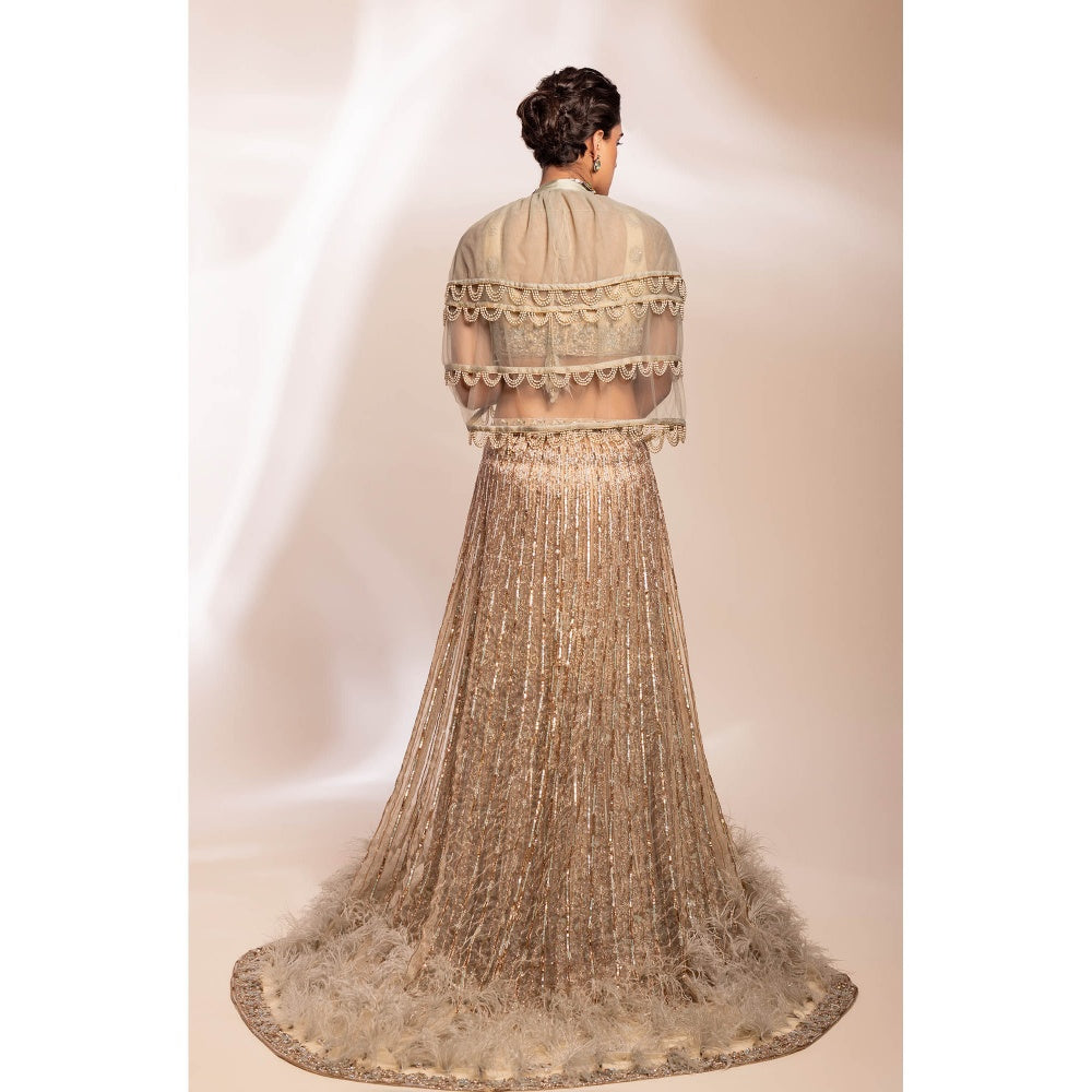 GEE SIN by Geetanjali Singh Ivory & Green Embroidered Lehenga with Blouse & Dupatta (Set of 3)
