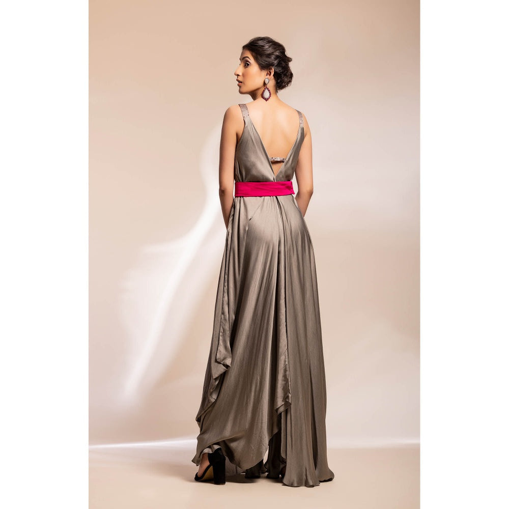 GEE SIN by Geetanjali Singh Grey Dress with Fuchsia Satin Belt & Jacket (Set of 3)