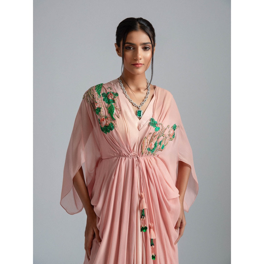 GEE SIN by Geetanjali Singh Peach Dress with A Kaftan Jacket with Inner Drape (Set of 2)