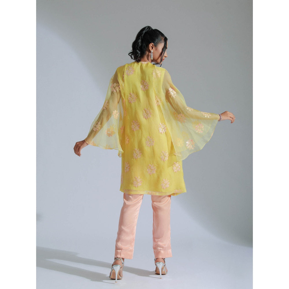 GEE SIN by Geetanjali Singh Melon Yellow Tunic & Trouser with Cape Sleeves (Set of 2)