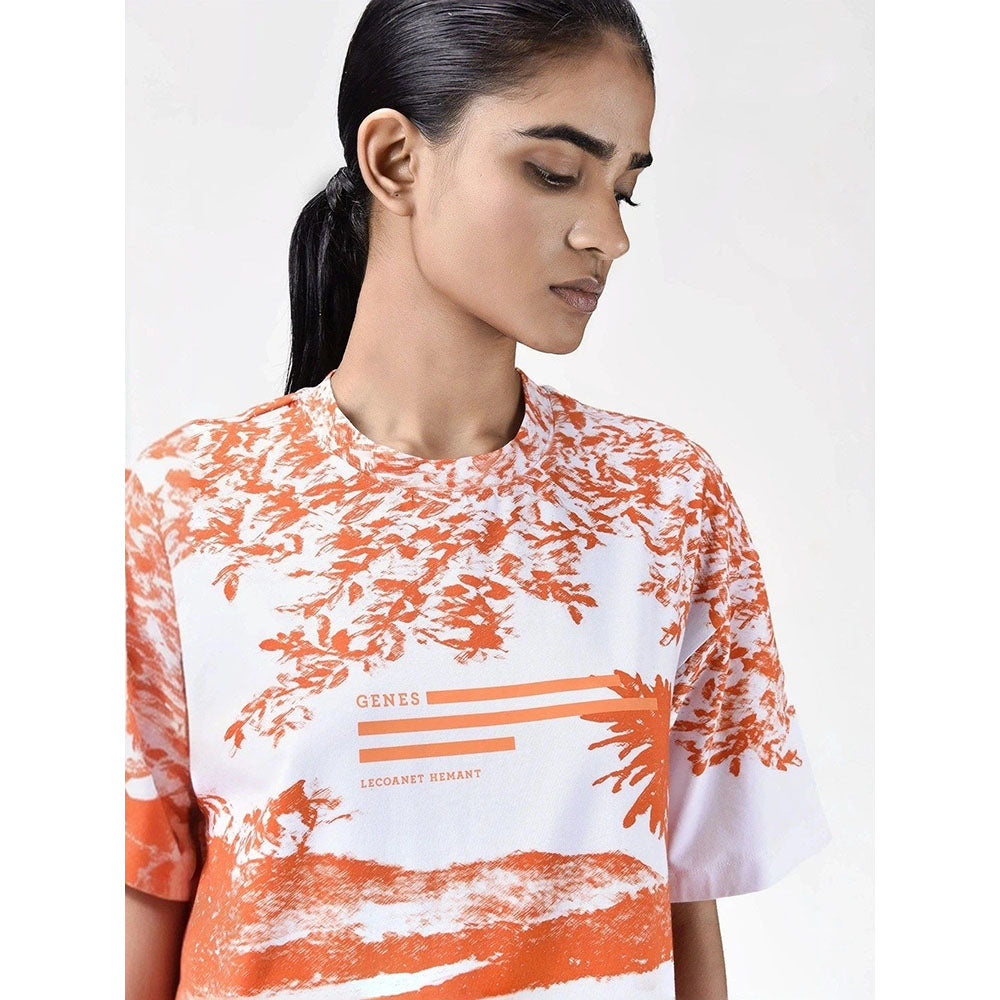 Genes Lecoanet Hemant Womens Coral Orange Cotton Printed T-Shirt