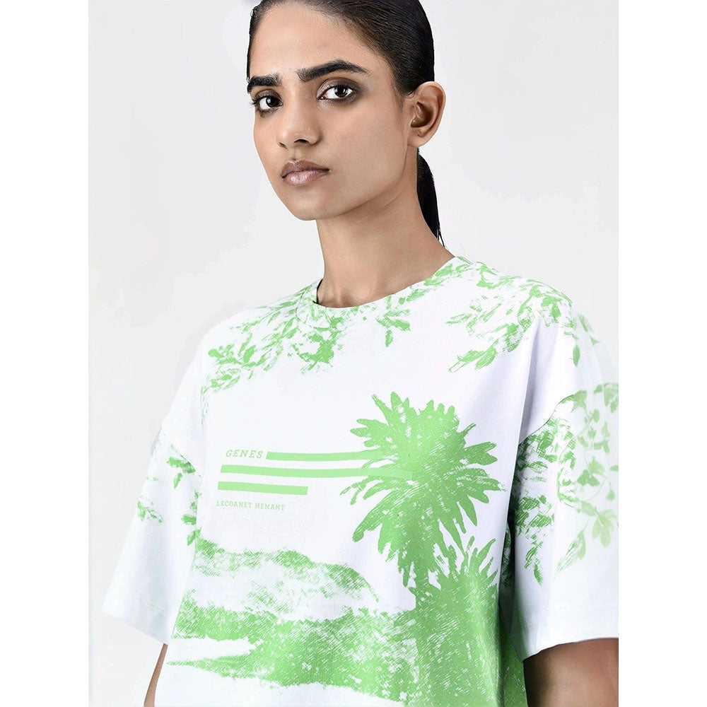Genes Lecoanet Hemant Womens Green Cotton Printed T-Shirt