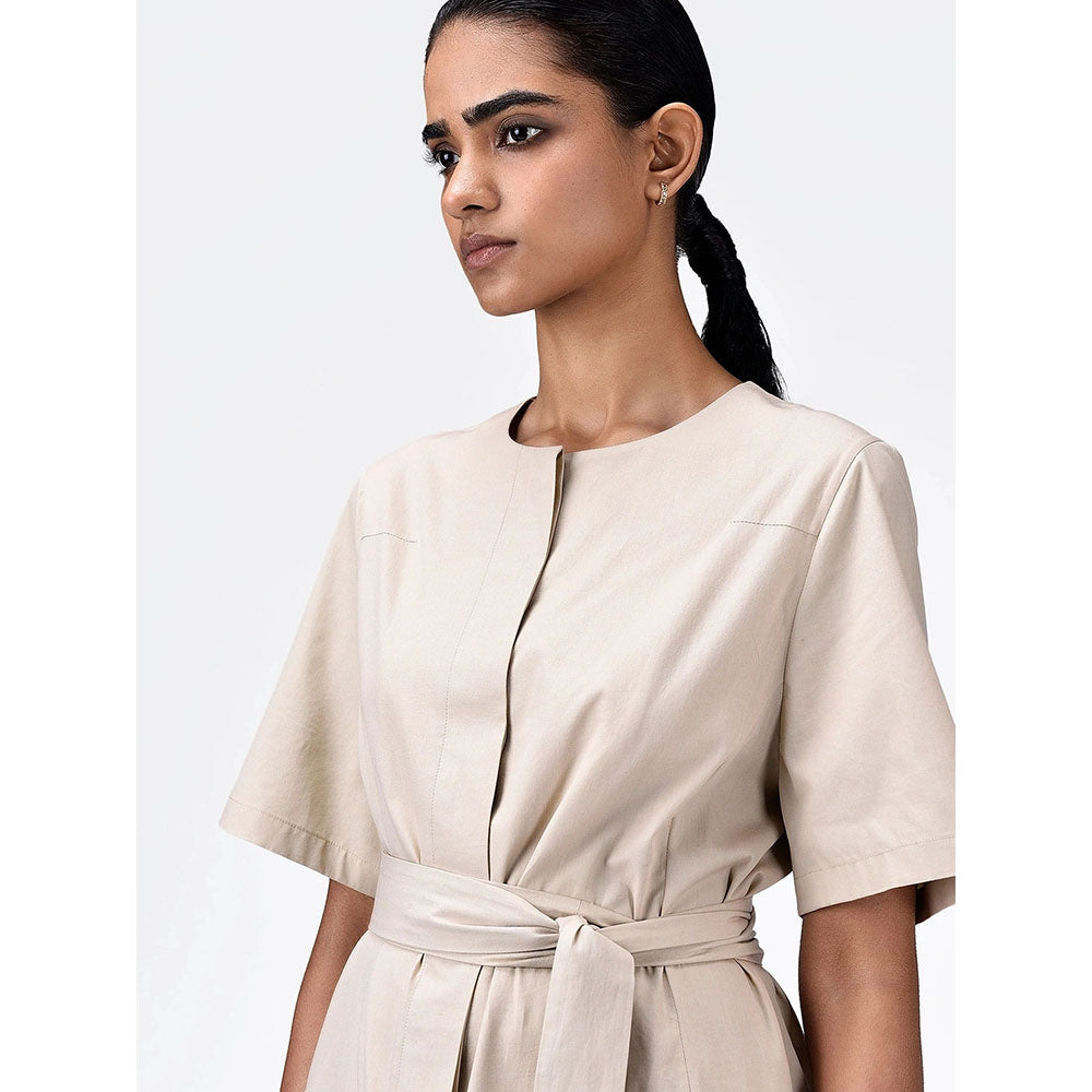 Genes Lecoanet Hemant Women's Beige Solid Knee Length Dress with Belt (Set of 2)