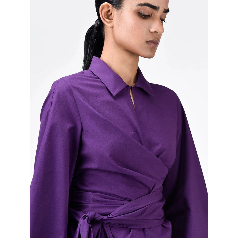 Genes Lecoanet Hemant Women's Purple Solid Knee Length Dress with Belt (Set of 2)