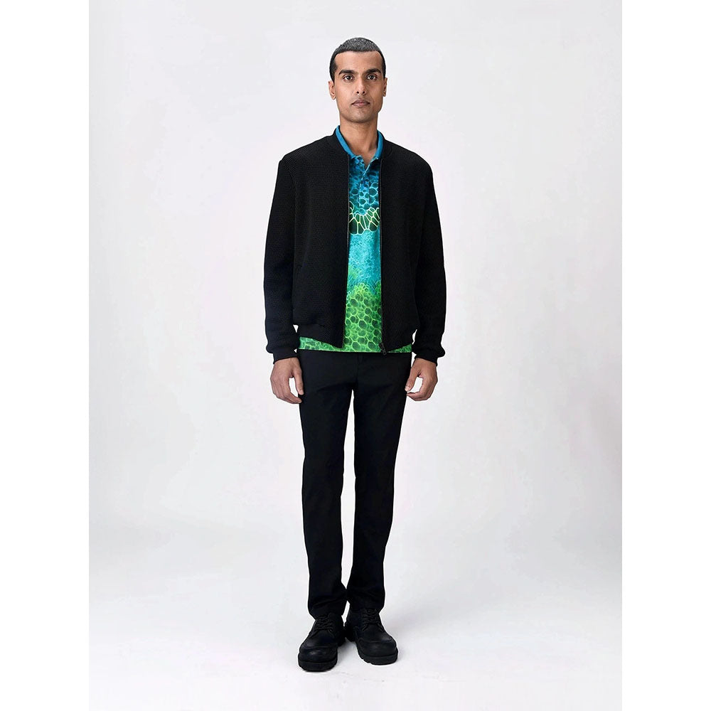 Genes Lecoanet Hemant Men Black Polyester Self Design Open Front Bomber Jacket
