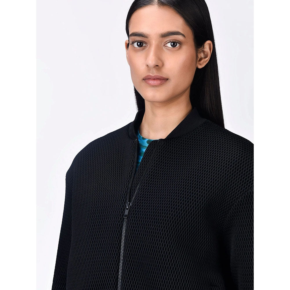 Genes Lecoanet Hemant Women Black Self Design Open Front Bomber Jacket