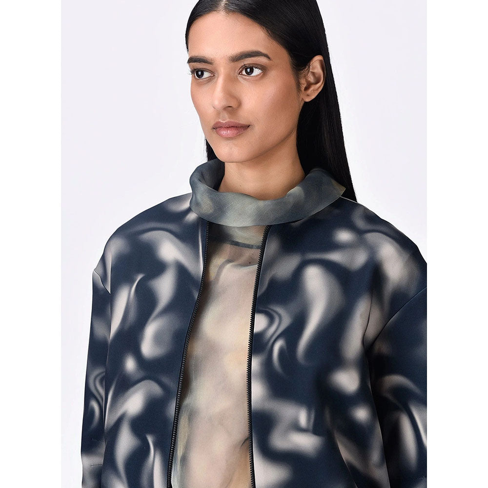 Genes Lecoanet Hemant Women Blue Graphic Printed Open Front Bomber Jacket