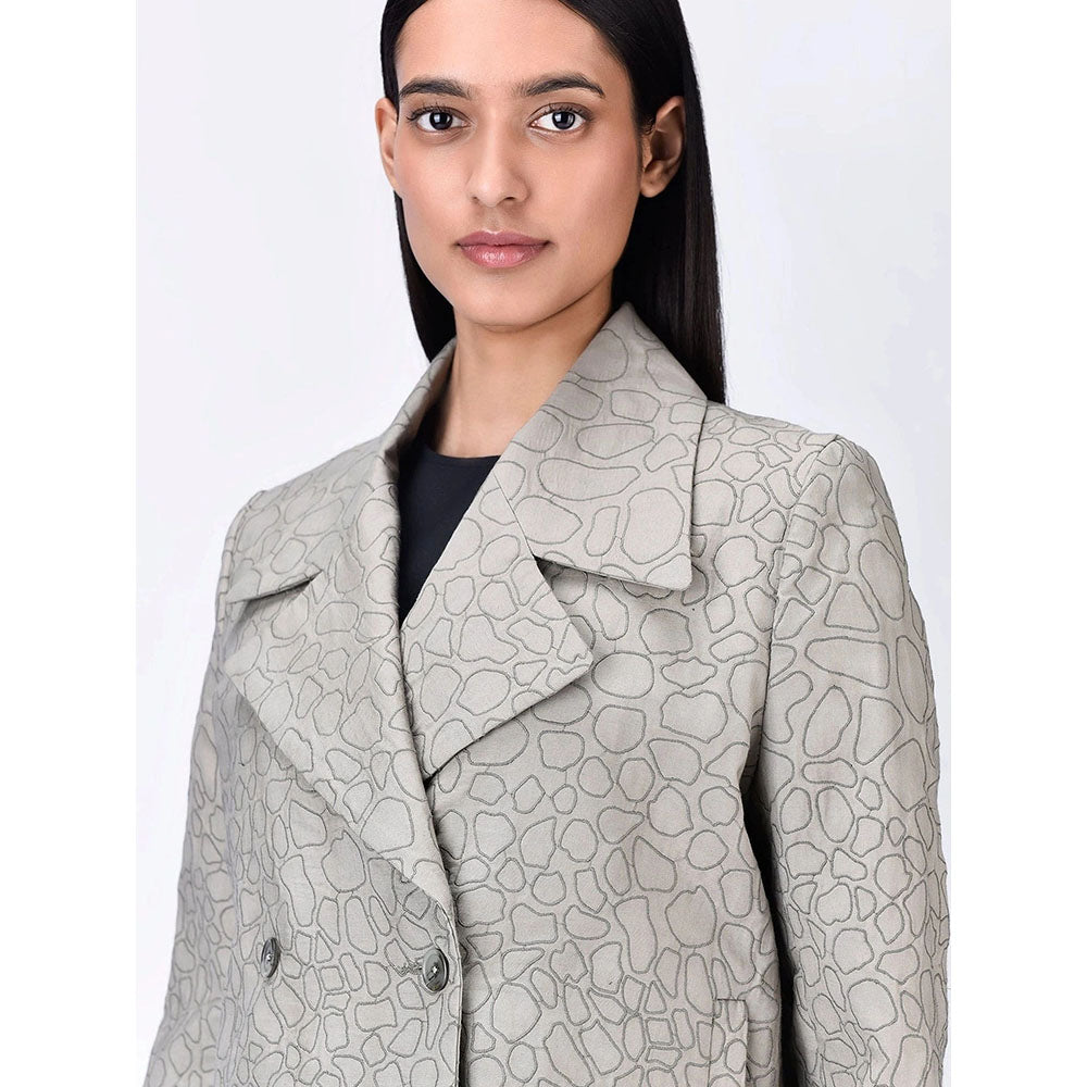 Genes Lecoanet Hemant Women Grey Cotton Notched Lapel Printed Blazer