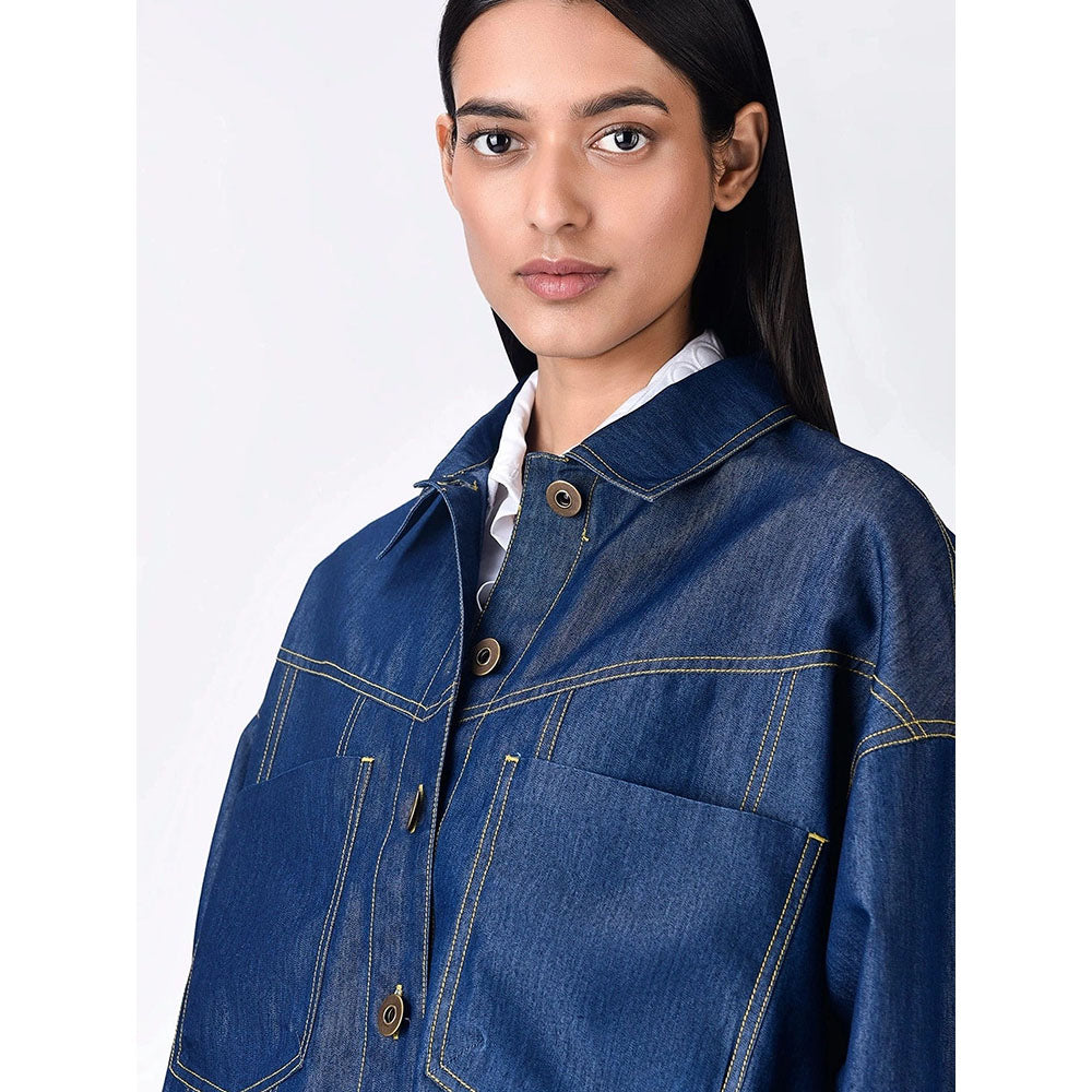 Genes Lecoanet Hemant Women Navy Blue Open Front Denim Jacket