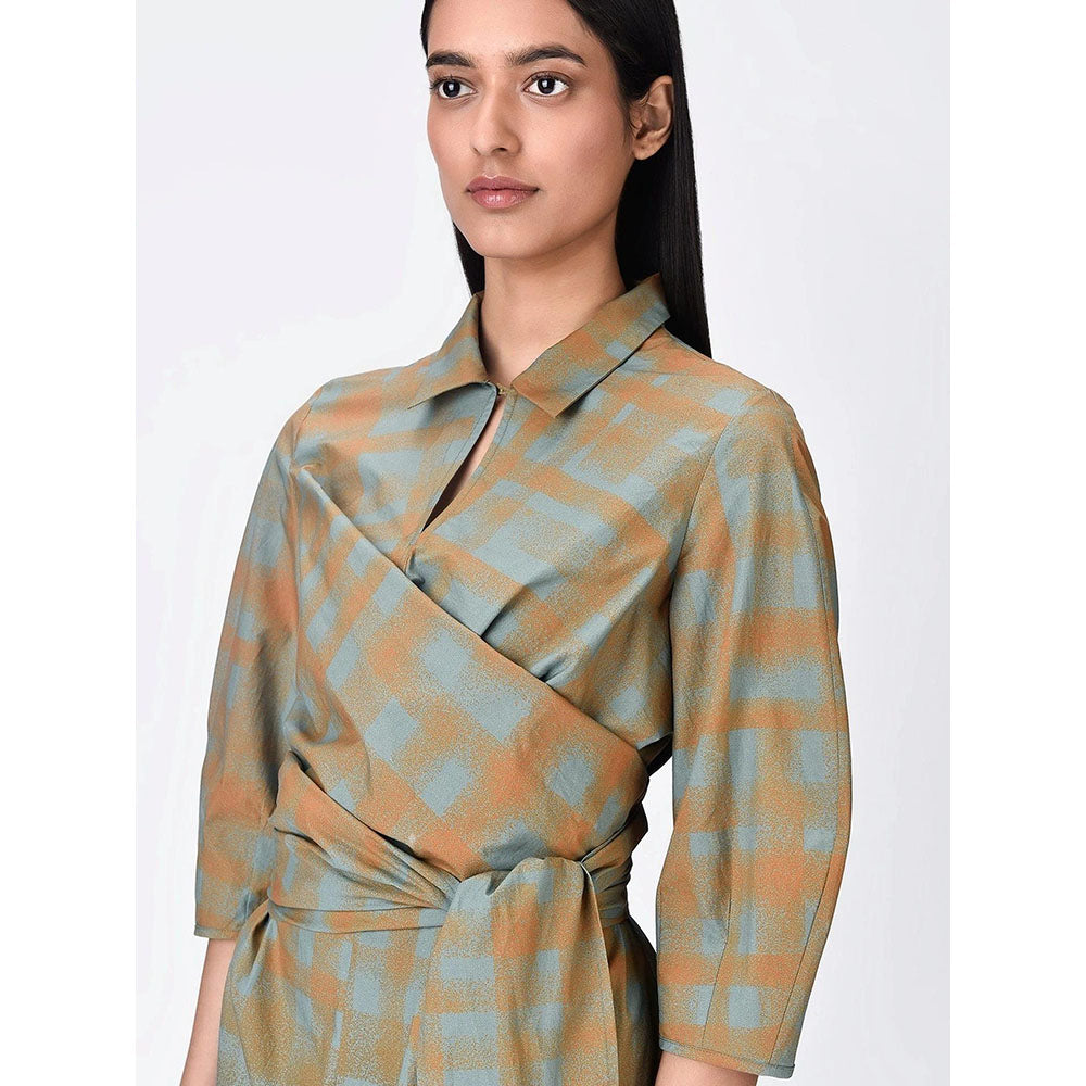 Genes Lecoanet Hemant Women Cotton Collar Neck Checked Print A-Line Dress with Belt (Set of 2)