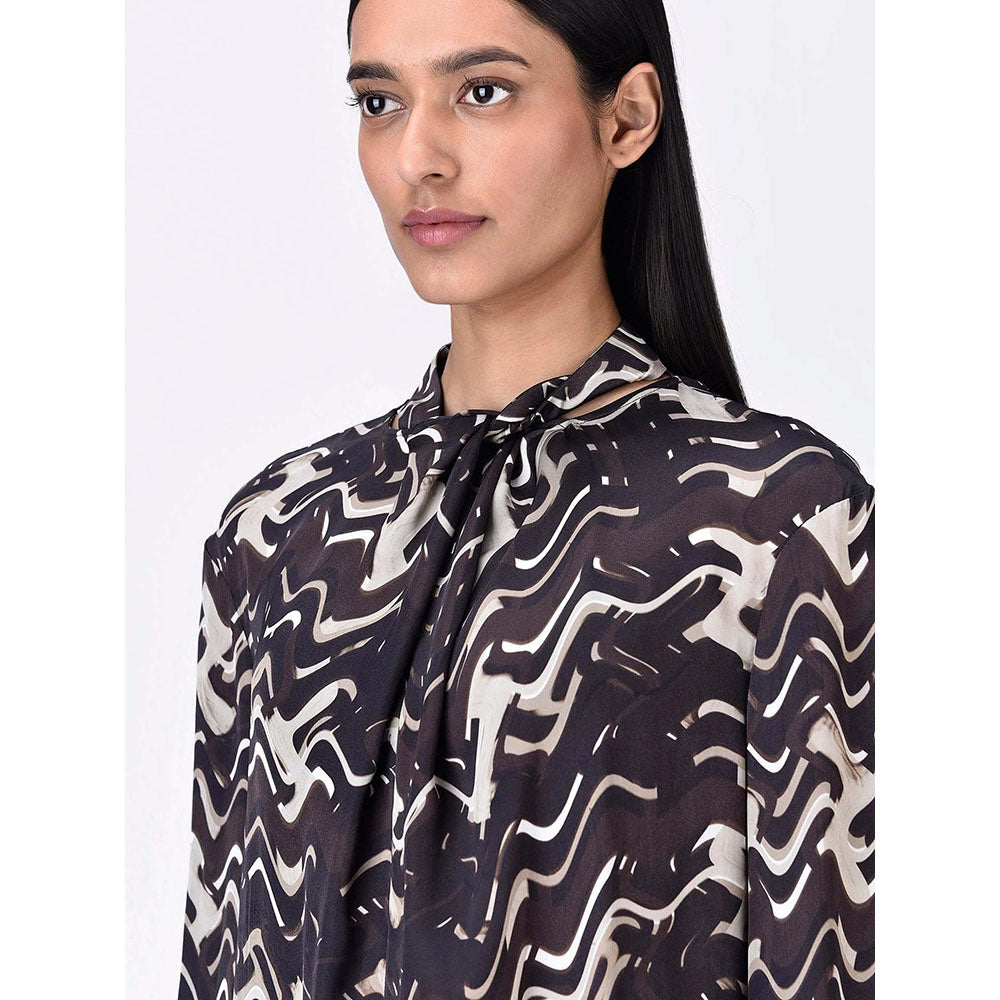 Genes Lecoanet Hemant Women's Viscose Tie Up Neck Printed Puff Sleeves Styled Top