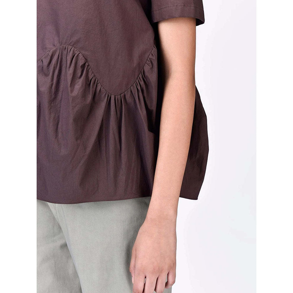 Genes Lecoanet Hemant Women's Brown Cotton Round Neck Solid Half Sleeves Top