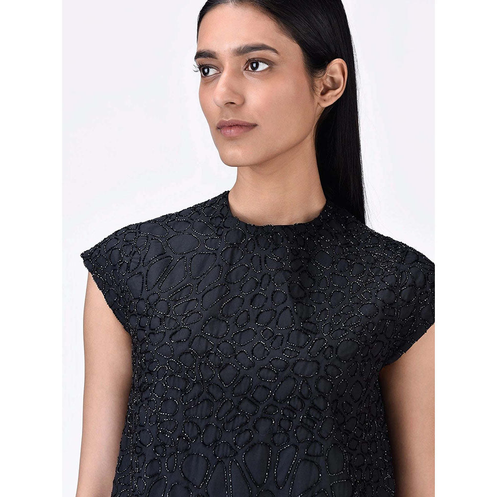 Genes Lecoanet Hemant Women's Cotton Round Neck Embellished Solid Half Sleeves Top