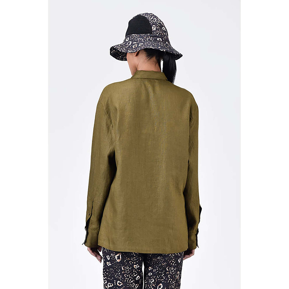 Genes Lecoanet Hemant Light Linen Shirt With Hidden Stripe Details Khaki