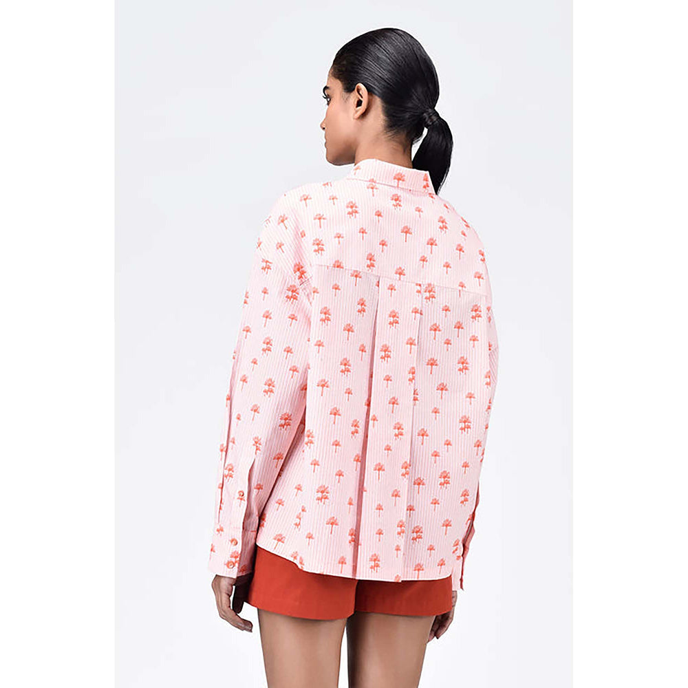 Genes Lecoanet Hemant Palm Stripe Cotton Poplin Easy Fit Shirt- Coral Orange