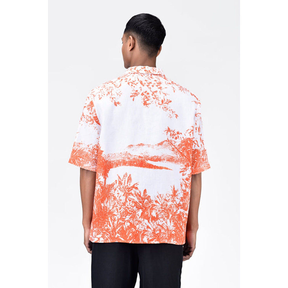 Genes Lecoanet Hemant Light Linen Shirt With Landscape Print-Coral Orange