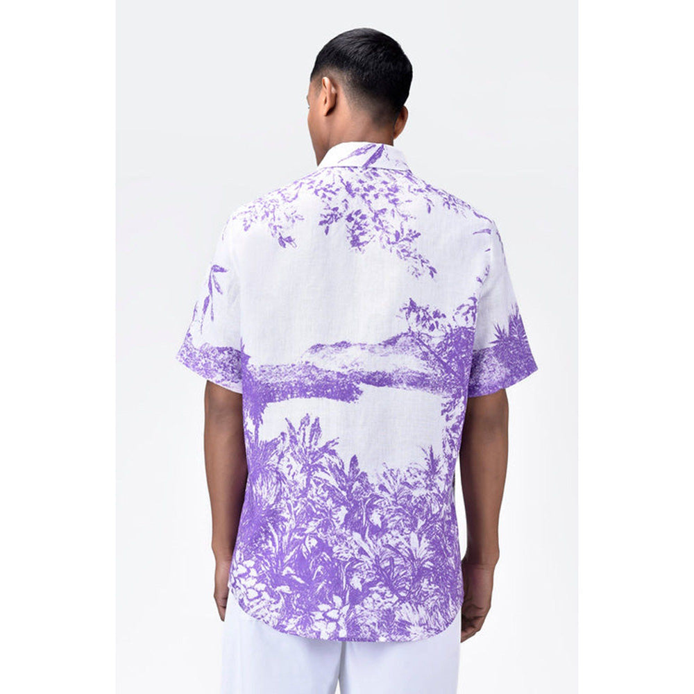 Genes Lecoanet Hemant Light Linen Regular Fit Shirt With Landscape Print-Amethyst