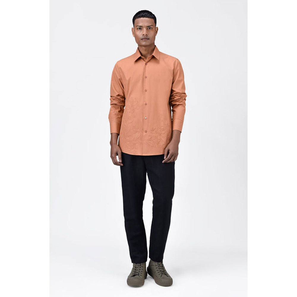 Genes Lecoanet Hemant Mens Light Peach Cotton Poplin Regular Fit Button-Up Shirt