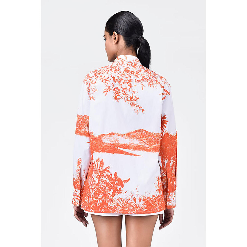 Genes Lecoanet Hemant Women's Landscape Print Easy Fit Cotton Poplin Shirt -Coral Orange
