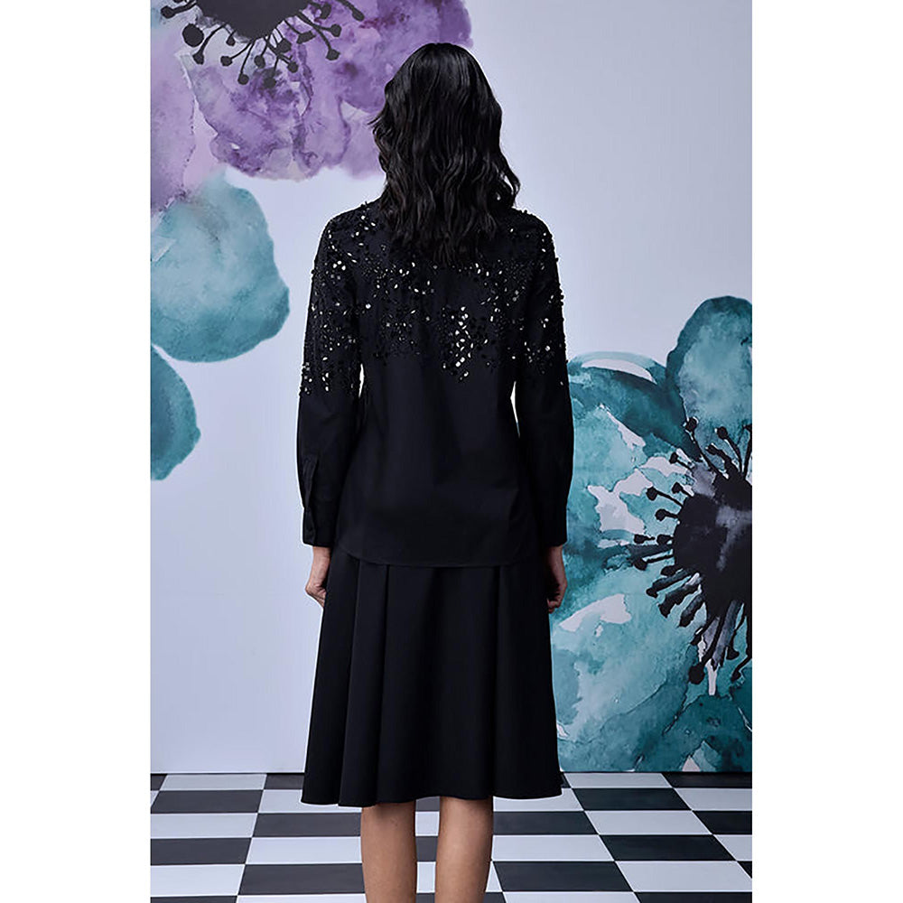 Genes Lecoanet Hemant Black Giza Cotton Poplin Embroidered Shirt