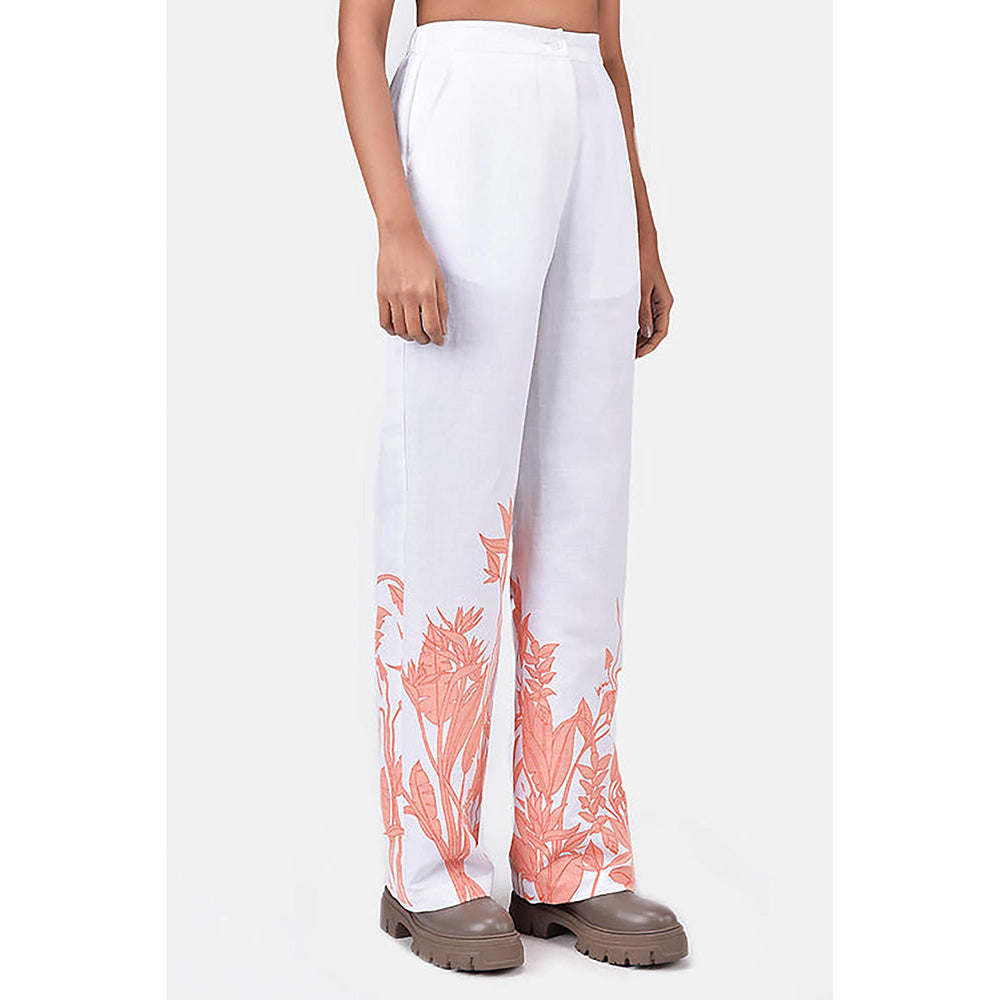 Genes Lecoanet Hemant Straight Fit Linen Herringbone Trousers With Tropical Print Off White