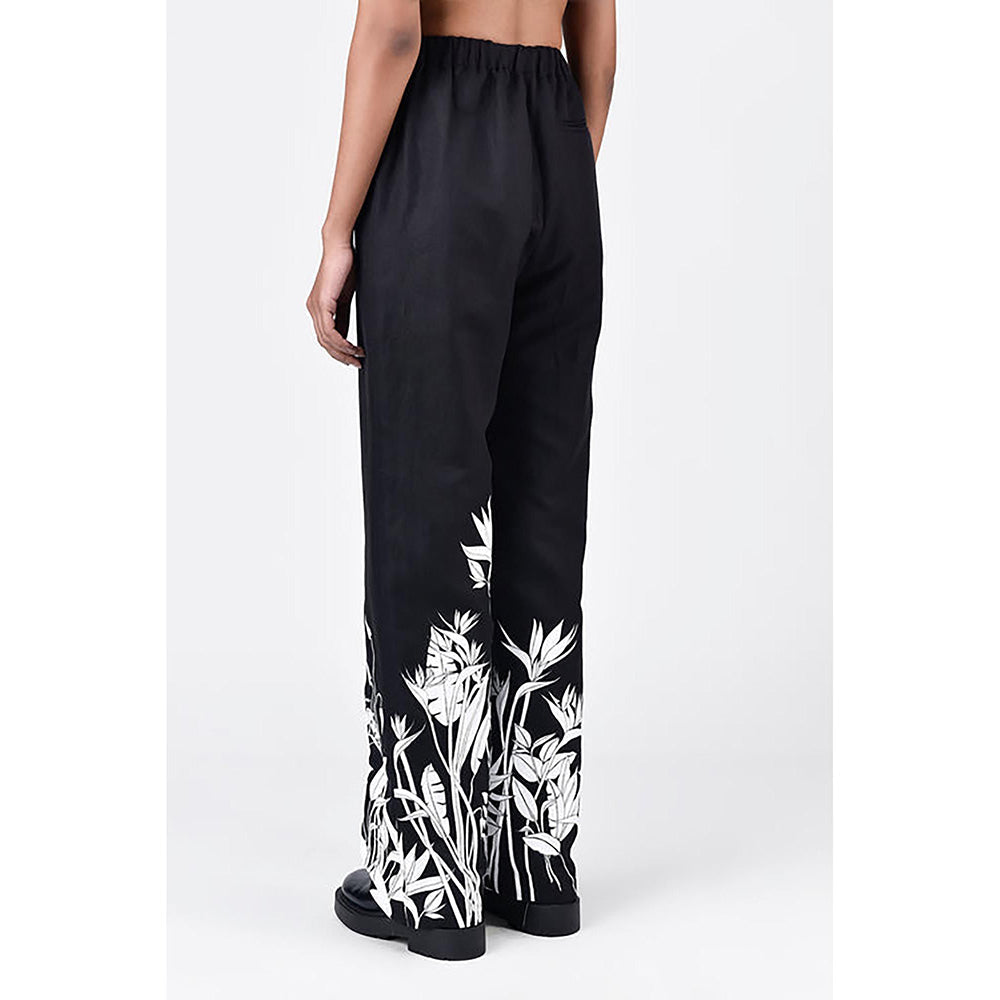 Genes Lecoanet Hemant Straight Fit Linen Herringbone Trousers With Tropical Print Black