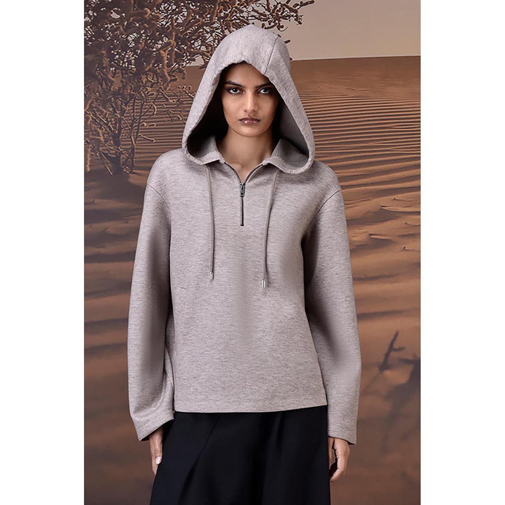 Genes Lecoanet Hemant Warm Beige Half-Zip Hoodie With Genes Logo Back