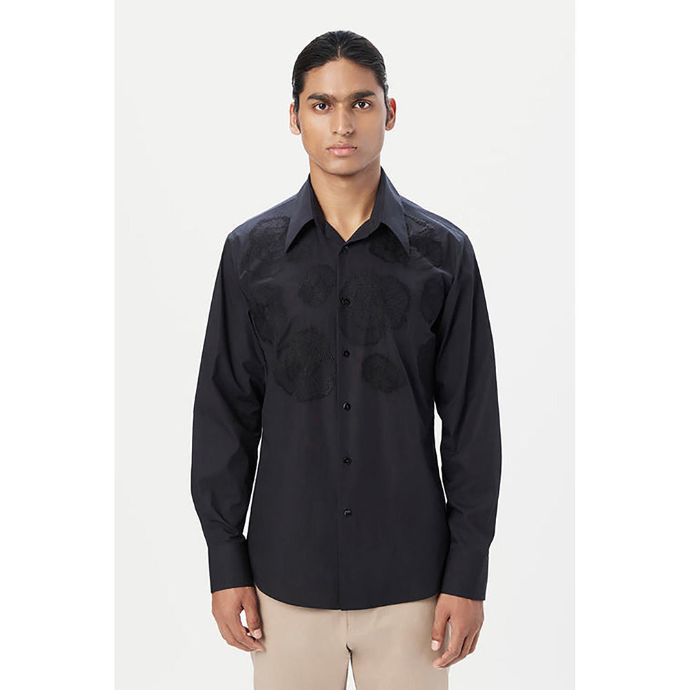 Genes Lecointe Hemant Regular Fit Button-Up Shirt with Floral Thread Embroidery