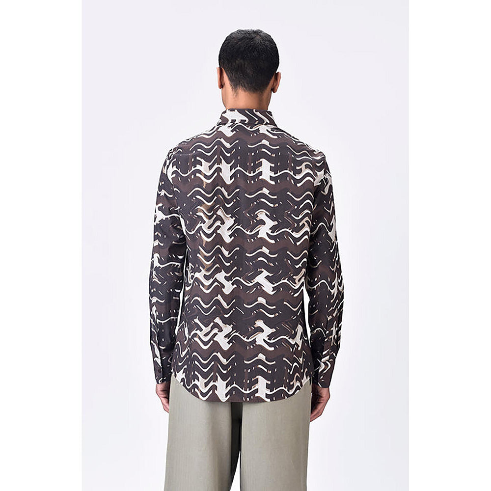 Genes Lecointe Hemant Regular Fit Button-Up Shirt with Solar Wave Check Print Chocolate Brown
